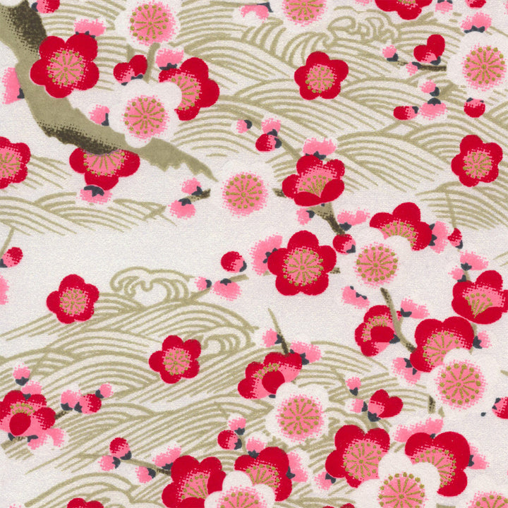 Papier Japonais - Fleurs de Prunier et Vagues - Blanc Nacré, Doré et Rouge - M911