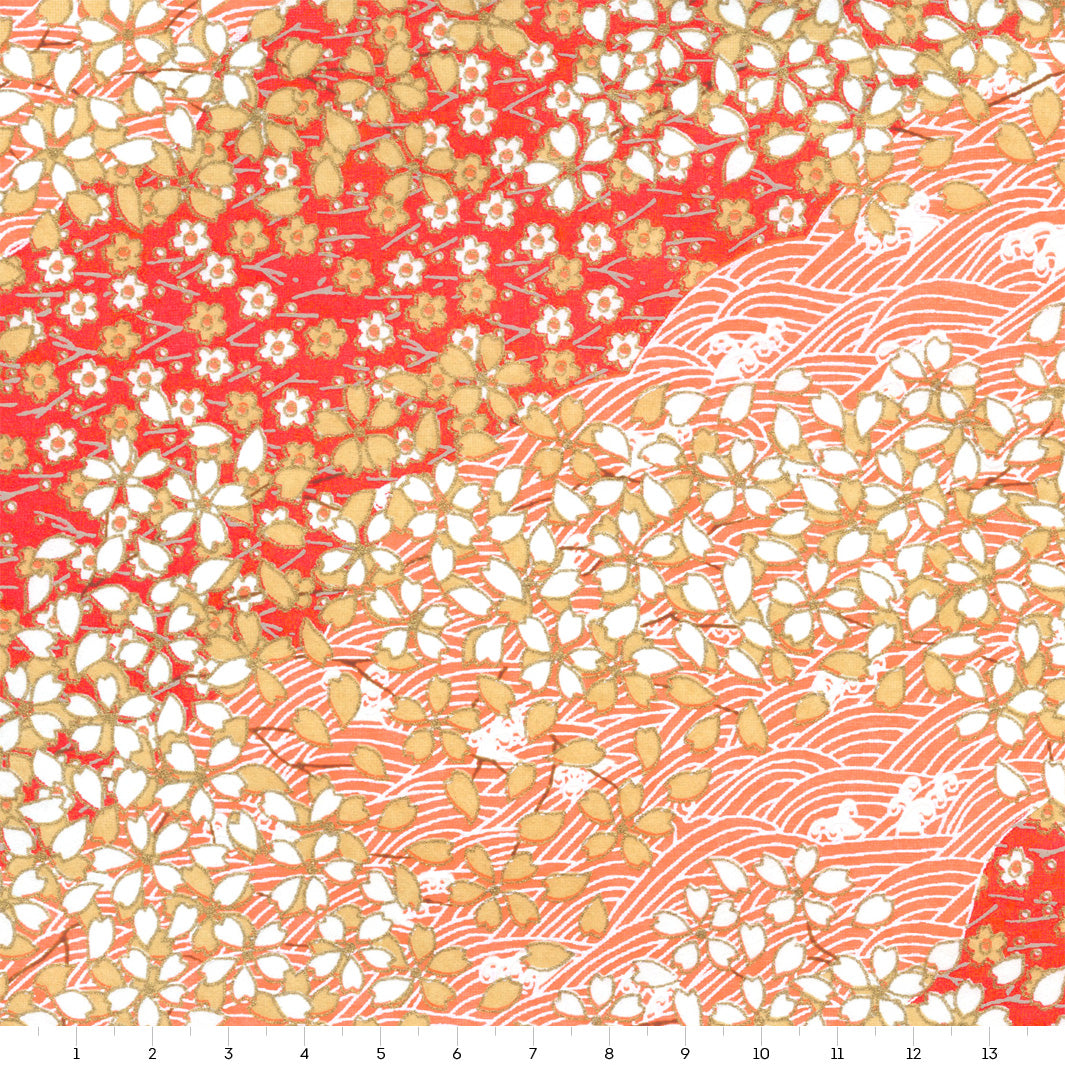 Papier Japonais - Envolée de Fleurs de Cerisier et Vagues - Rouge Orangé, Corail - M914