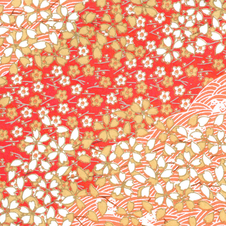 Papier Japonais - Envolée de Fleurs de Cerisier et Vagues - Rouge Orangé, Corail - M914