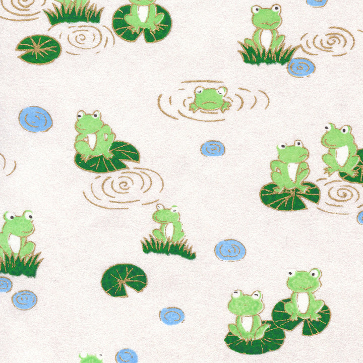 Papier Japonais - Grenouilles - Blanc Irisé, Vert Clair et Vert Foncé - M918