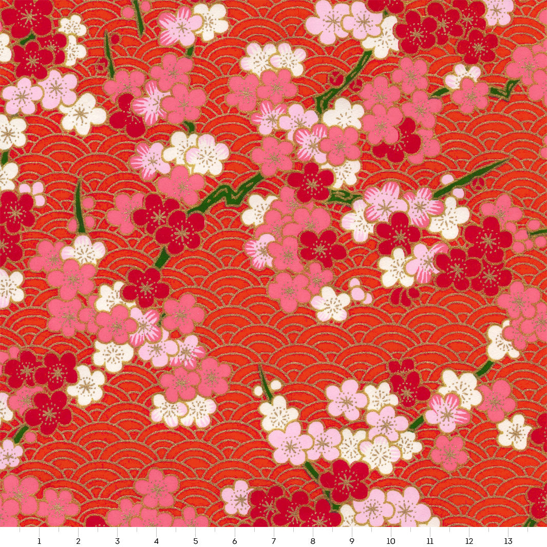 Papier Japonais - Fleurs de Prunier et Vagues Graphiques - Rouge, Rose et Doré - M919