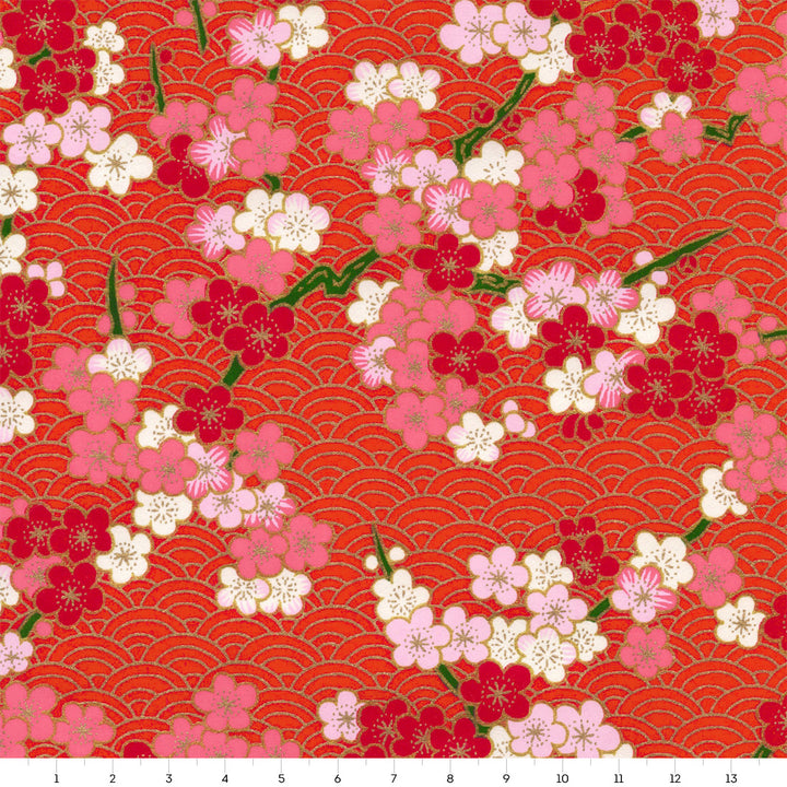 Papier Japonais - Fleurs de Prunier et Vagues Graphiques - Rouge, Rose et Doré - M919