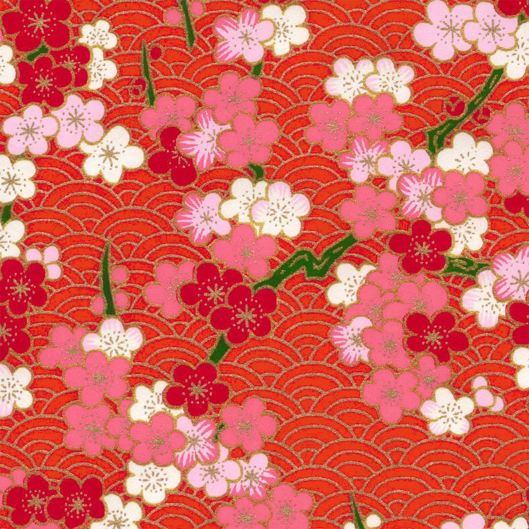 Papier Japonais - Fleurs de Prunier et Vagues Graphiques - Rouge, Rose et Doré - M919