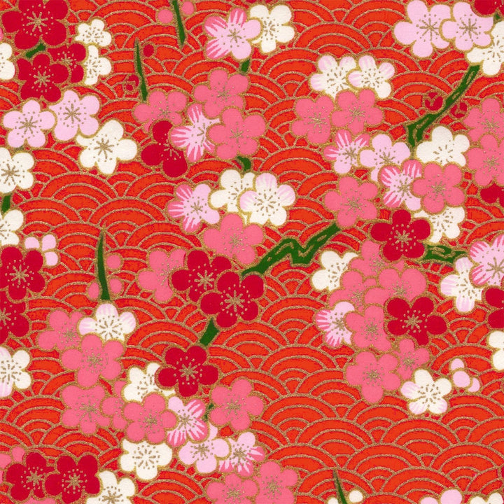 Carnet Papier Japonais - Fleurs de Prunier et Vagues Graphiques - Rouge, Rose et Doré - M919