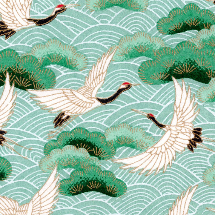 Applique Murale Japonaise - Grues, Pins et Vagues - Vert d'Eau et Vert Sapin - M921