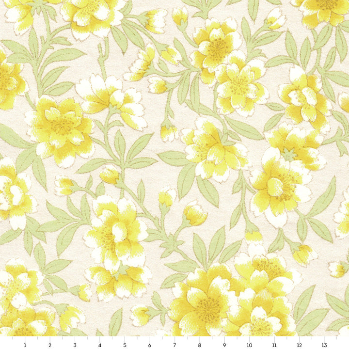 Papier Japonais - Pivoines et Fleurs de Cerisier Imaginaires - Jaune, Vert Tilleul et Blanc Nacré - M924