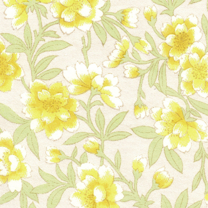Papier Japonais - Pivoines et Fleurs de Cerisier Imaginaires - Jaune, Vert Tilleul et Blanc Nacré - M924