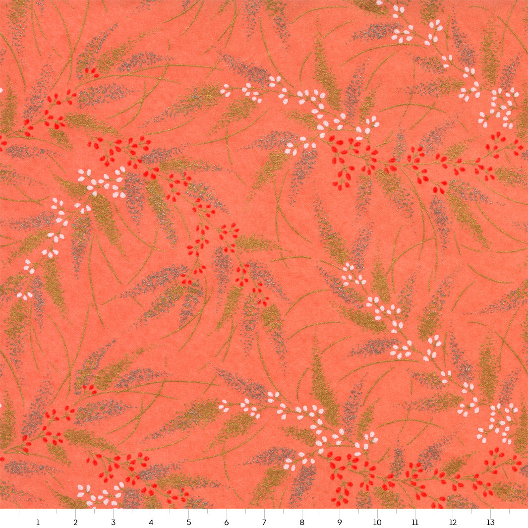 Papier Japonais - Conifères et Baies - Corail, Or, Argent, Blanc et Rouge - M925