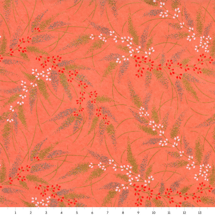 Papier Japonais - Conifères et Baies - Corail, Or, Argent, Blanc et Rouge - M925