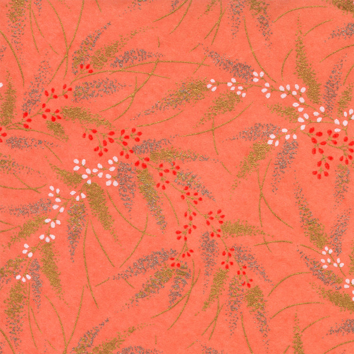 Papier Japonais - Conifères et Baies - Corail, Or, Argent, Blanc et Rouge - M925