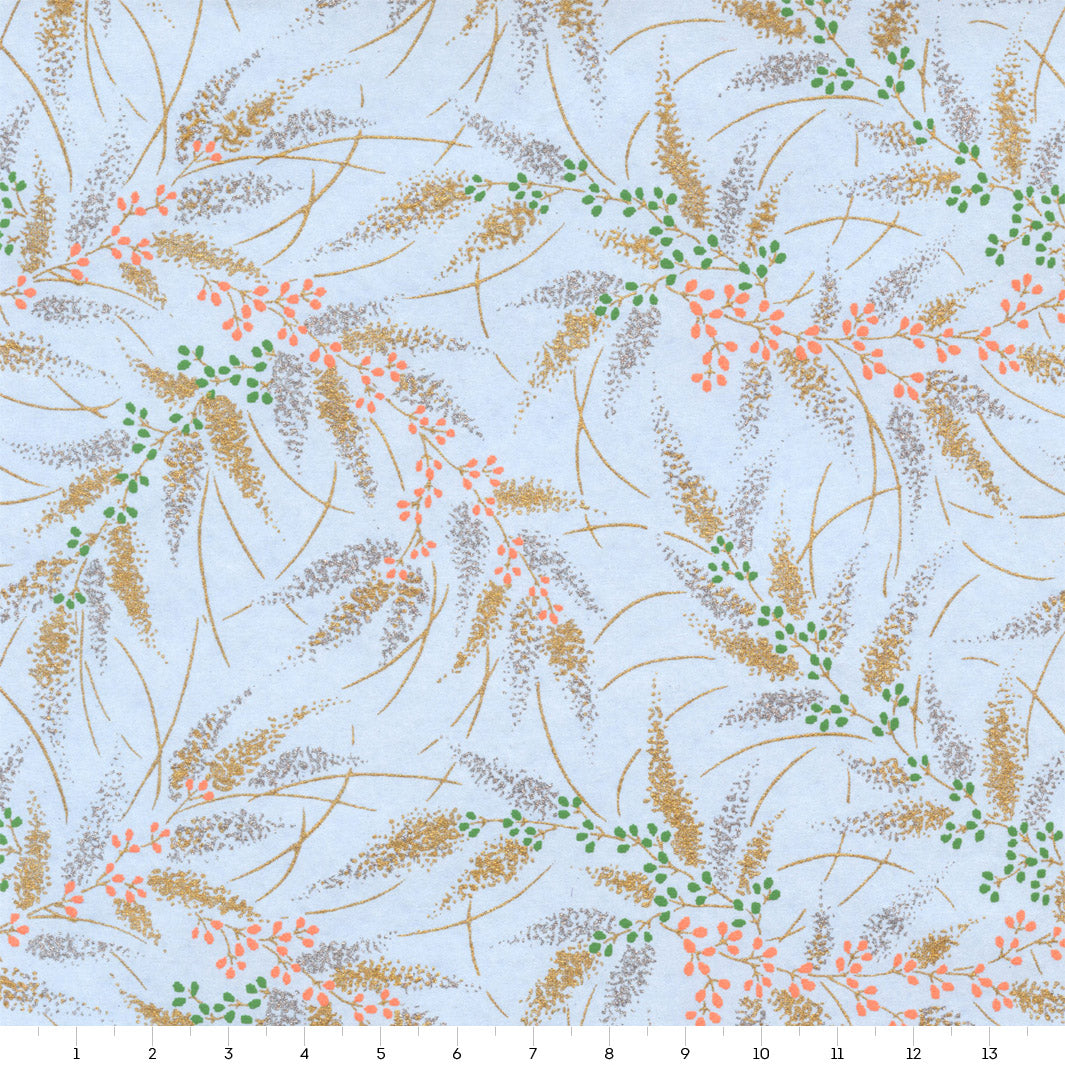 Papier Japonais - Conifères et Baies - Bleu Ciel, Or, Argent, Corail et Vert - M926