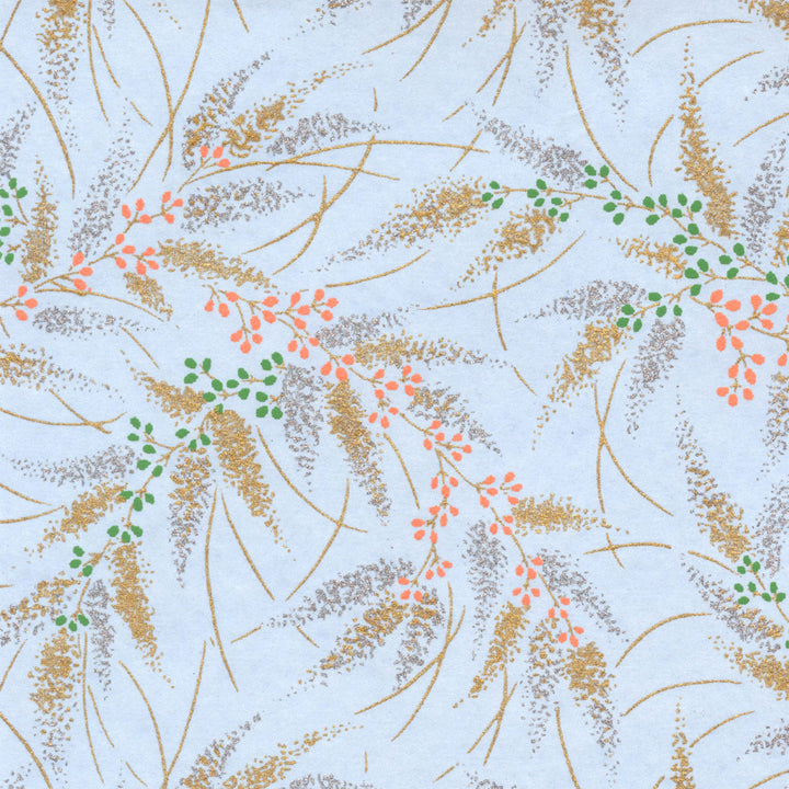 Carnet Papier Japonais - Conifères et Baies - Bleu Ciel, Or, Argent, Corail et Vert - M926