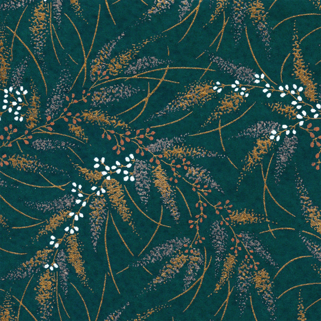 Papier Japonais - Conifères et Baies - Bleu Pétrole, Or, Argent, Corail et Blanc - M927