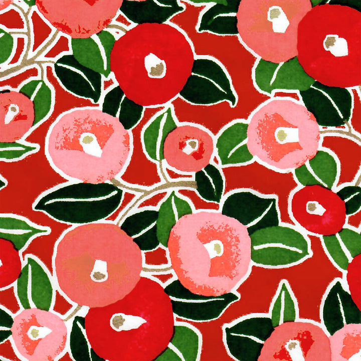 Carte - Coeur en Origami - Camélias - Rouge, Corail, et Vert - M937