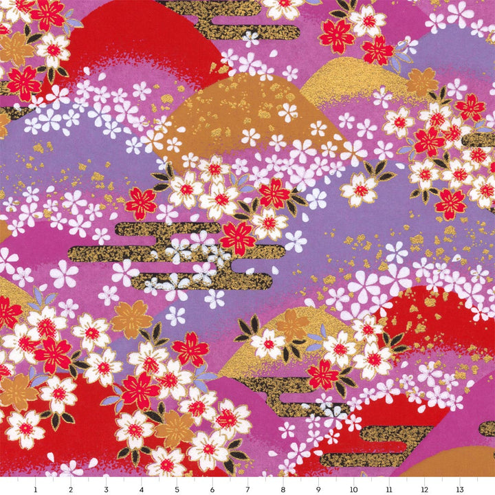 Papier Japonais - Fleurs, Montagnes et Nuages - Rouge, Rose, Violet et Or - M948