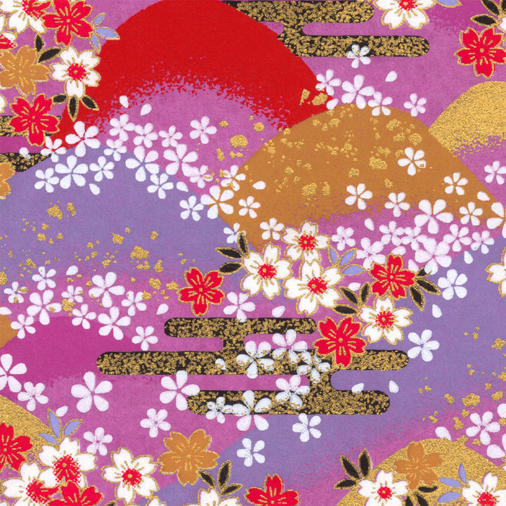 Papier Japonais - Fleurs, Montagnes et Nuages - Rouge, Rose, Violet et Or - M948