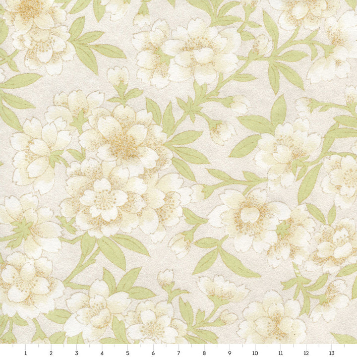 Papier Japonais - Pivoines et Fleurs de Cerisier Imaginaires - Beige, Vert Tilleul et Blanc Nacré - M949
