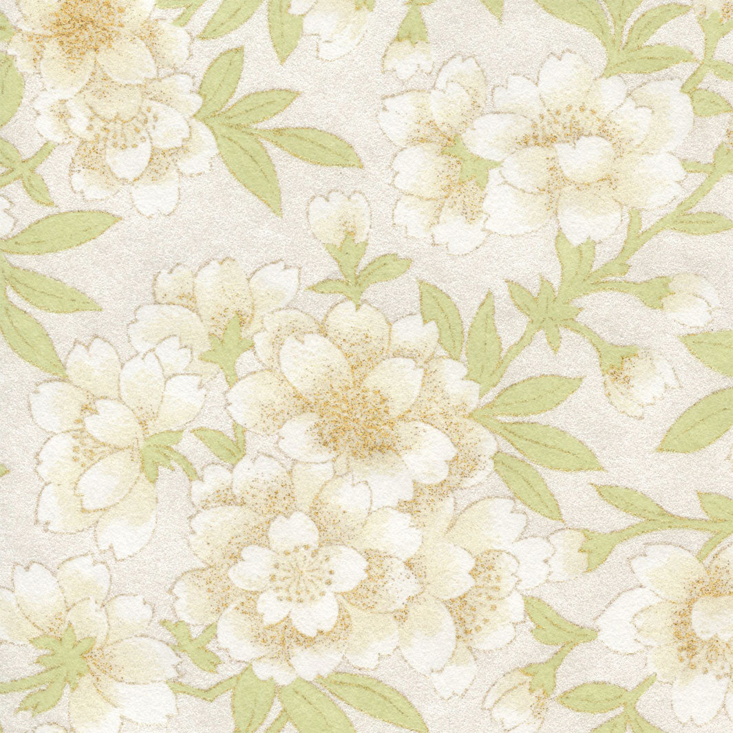 Papier Japonais - Pivoines et Fleurs de Cerisier Imaginaires - Beige, Vert Tilleul et Blanc Nacré - M949