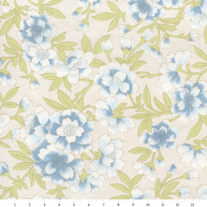 Papier Japonais - Pivoines et Fleurs de Cerisier Imaginaires - Bleu, Vert Tilleul et Blanc Nacré - M950