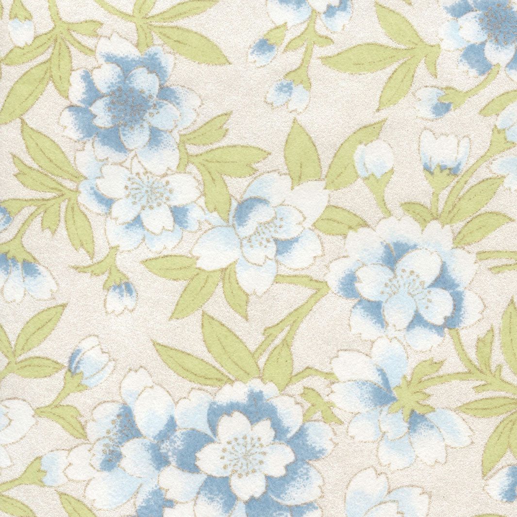 Papier Japonais - Pivoines et Fleurs de Cerisier Imaginaires - Bleu, Vert Tilleul et Blanc Nacré - M950