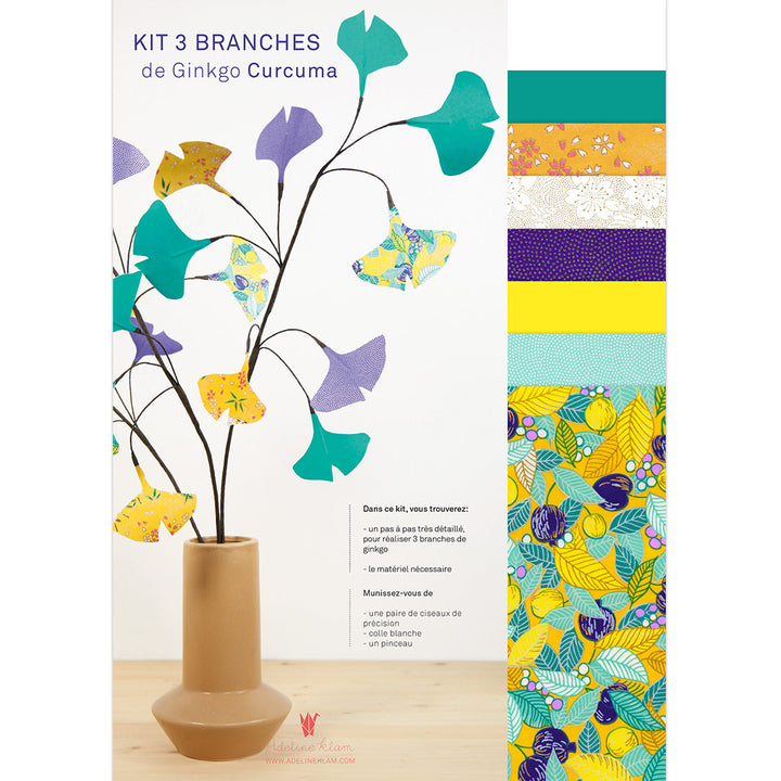 Kit 3 Branches de Ginkgo - Jaune, Vert et Violet - Curcuma