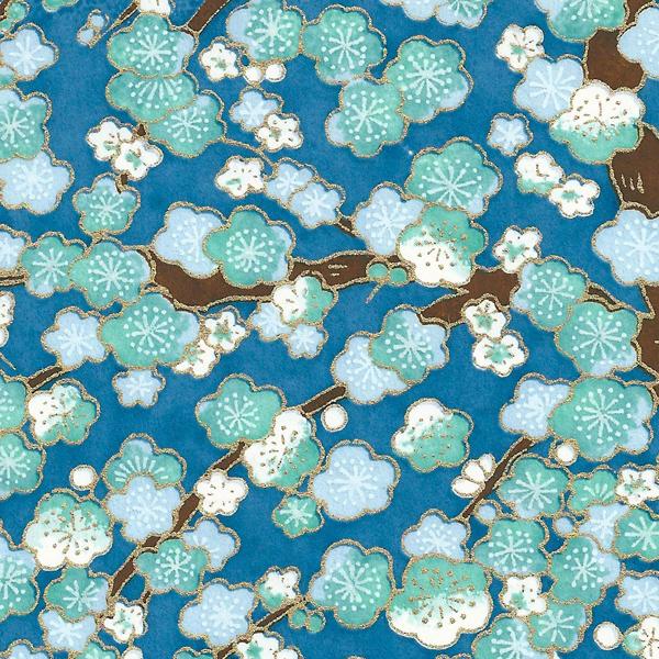 Miroir de Poche en Papier Japonais - Fleurs de Prunier - Bleu Foncé, Bleu Ciel et Vert d'Eau - M448