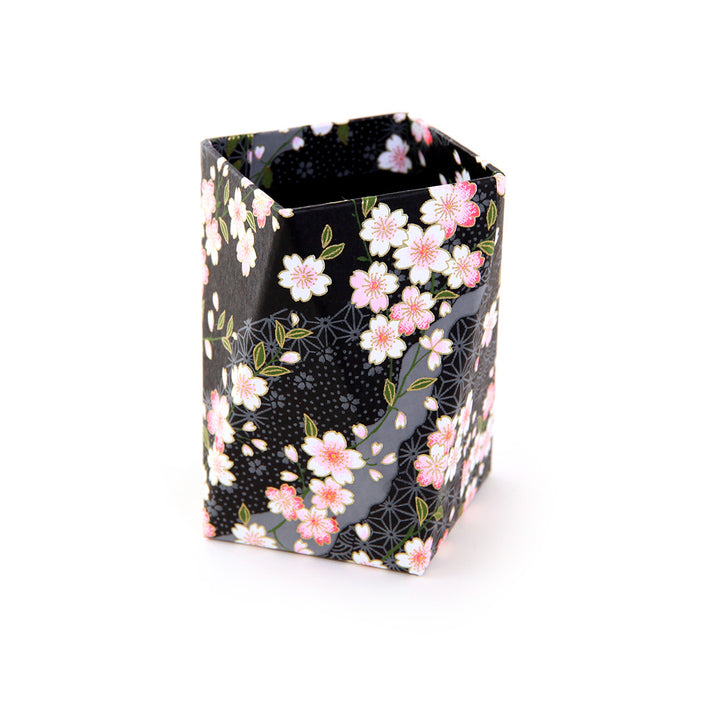 Pot à crayons prisme - Fleurs de Cerisiers et Motifs Variés - Noir - M886