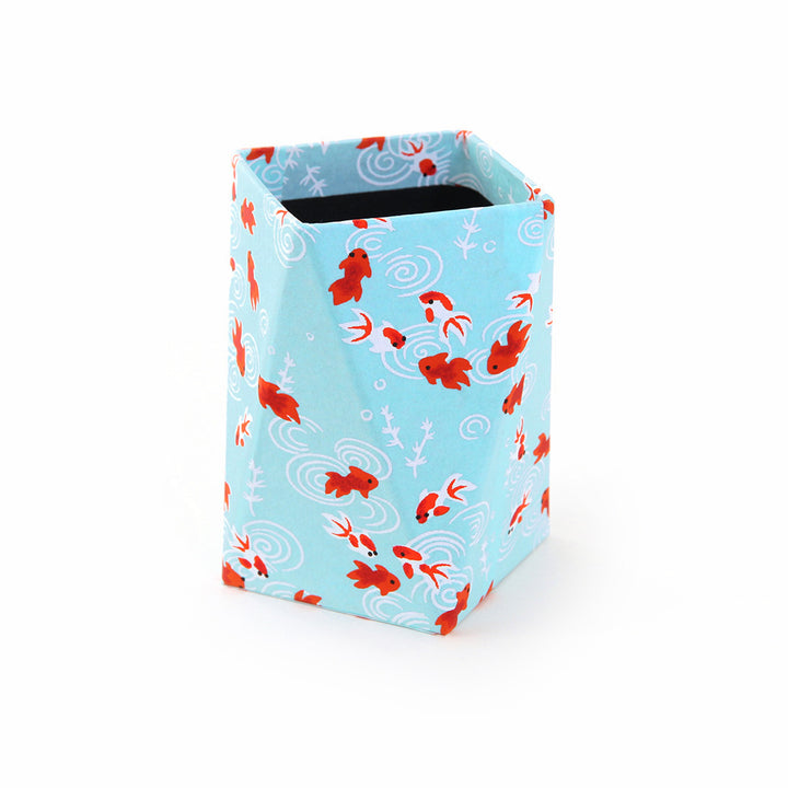 Pot à crayons prisme - Papier Japonais - Poissons - Bleu Ciel et Rouge - M890