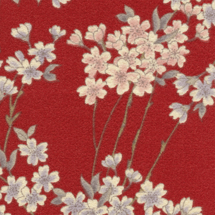 photo packshot du tissu japonais aux motifs de fines branches de fleurs de cerisier dans les tons rouge sombre, gris clair et rose pâle T358