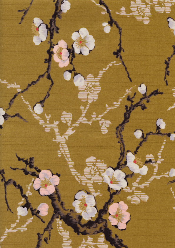 Tissu Japonais - Estampes de Fleurs de Prunier - Jaune Moutarde - T405