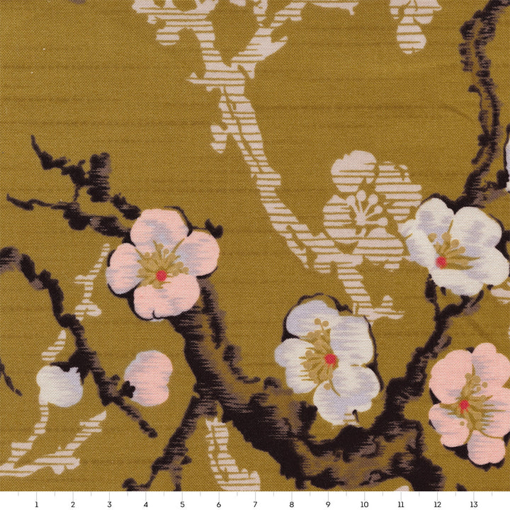 Tissu Japonais - Estampes de Fleurs de Prunier - Jaune Moutarde - T405