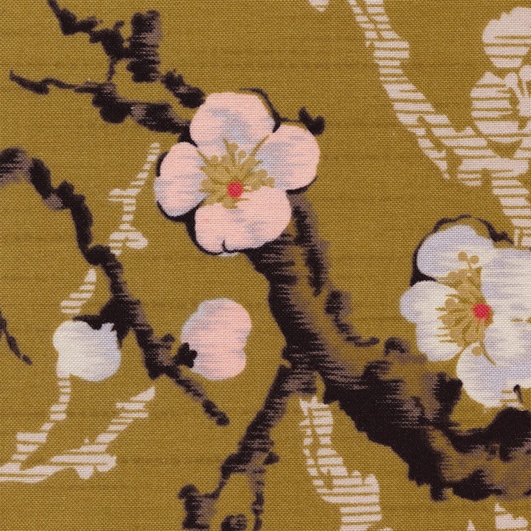 Tissu Japonais - Estampes de Fleurs de Prunier - Jaune Moutarde - T405