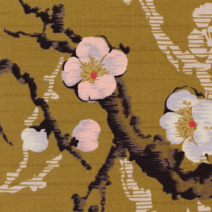 Tissu Japonais - Estampes de Fleurs de Prunier - Jaune Moutarde - T405
