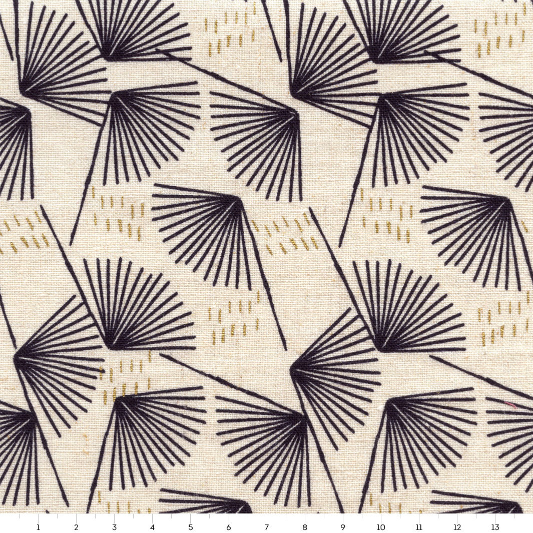 Tissu Japonais - Pissenlits Graphiques - Beige, Noir et Or - T436