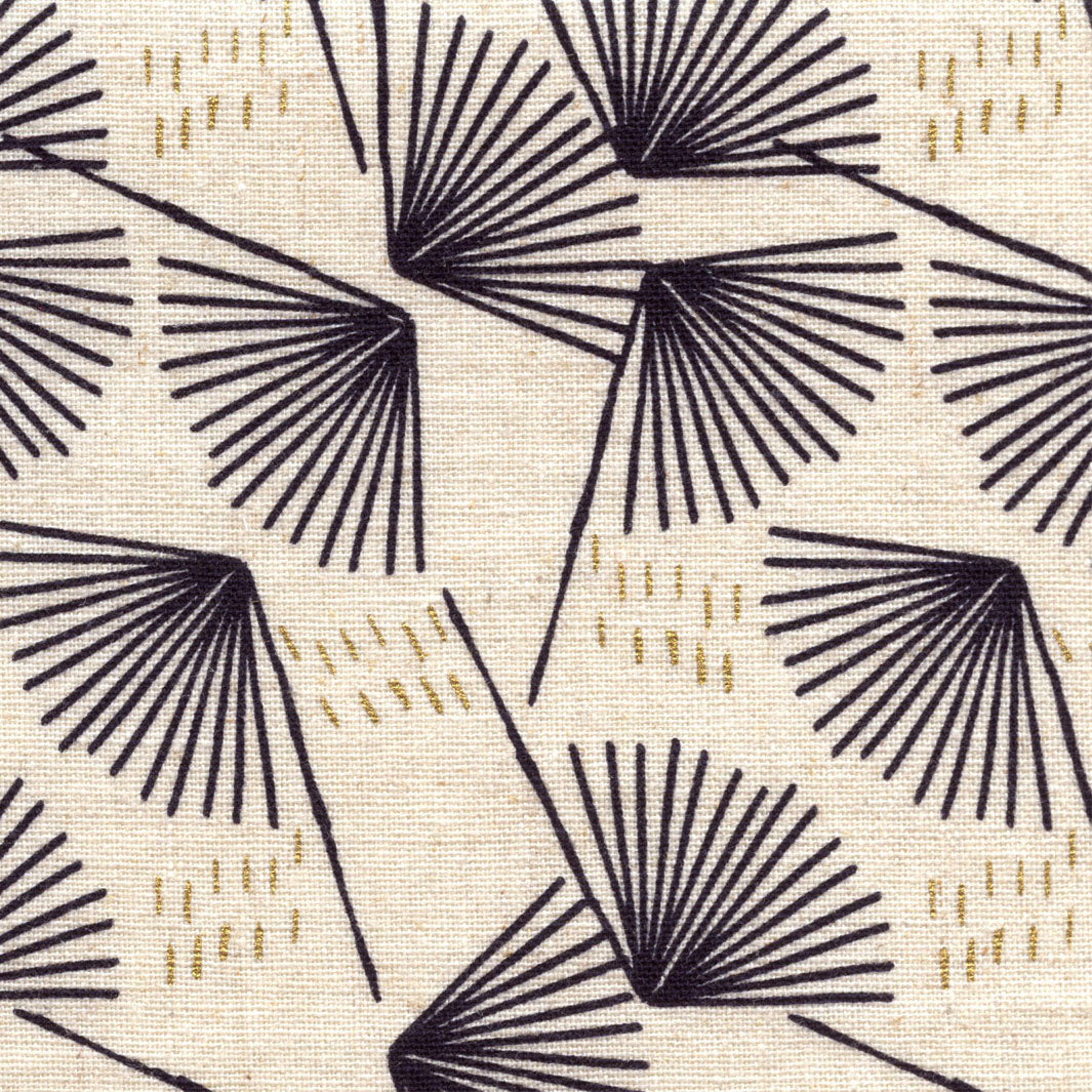Tissu Japonais - Pissenlits Graphiques - Beige, Noir et Or - T436