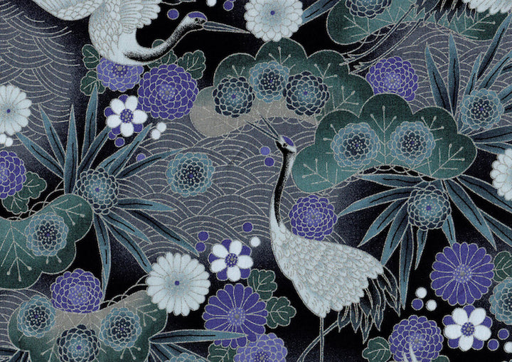 Tissu Japonais - Grues, Pins et Chrysanthème - Bleu Marine, Gris, Bleu Pétrole et Indigo - T463