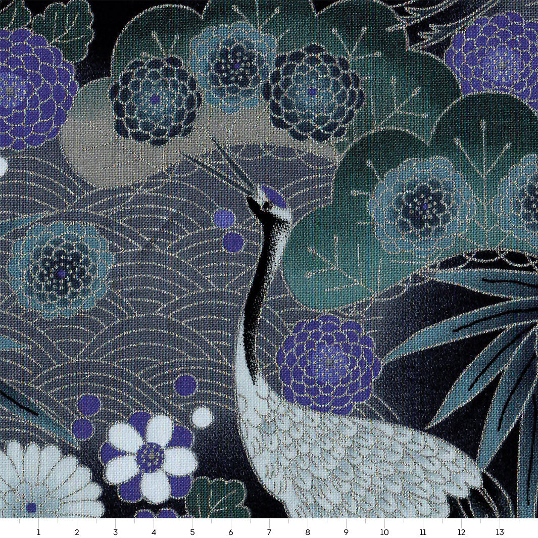 Tissu Japonais - Grues, Pins et Chrysanthème - Bleu Marine, Gris, Bleu Pétrole et Indigo - T463