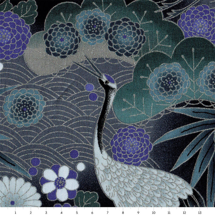 Tissu Japonais - Grues, Pins et Chrysanthème - Bleu Marine, Gris, Bleu Pétrole et Indigo - T463