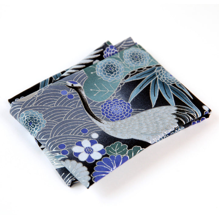 Tissu Japonais - Grues, Pins et Chrysanthème - Bleu Marine, Gris, Bleu Pétrole et Indigo - T463