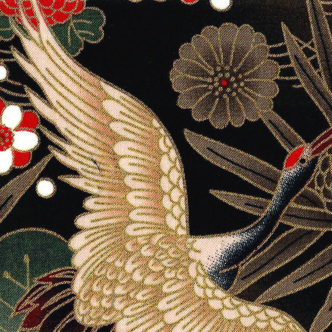 Cabas en Tissus Japonais - Grues, Pins et Chrysanthème - Noir, Taupe, Rouge et Vert