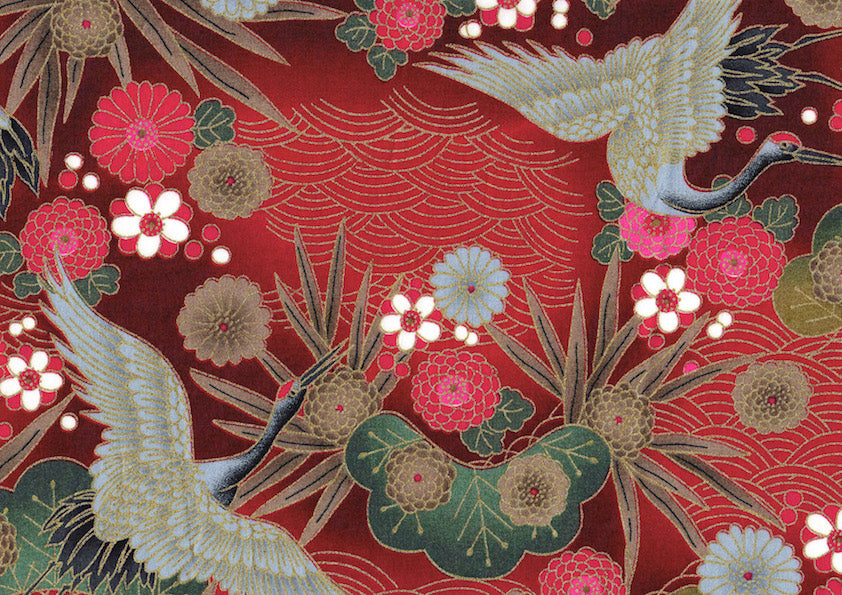 Tissu Japonais - Grues, Pins et Chrysanthème - Rouge, Fuschia, Taupe, Gris et Vert - T465
