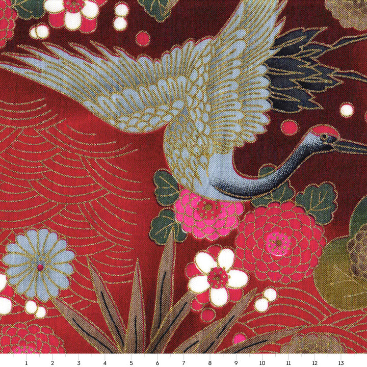 Tissu Japonais - Grues, Pins et Chrysanthème - Rouge, Fuschia, Taupe, Gris et Vert - T465