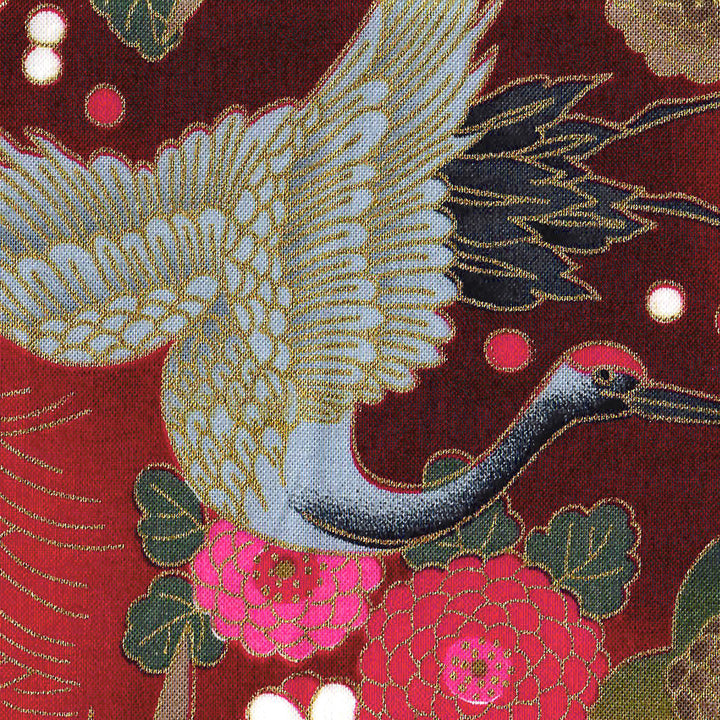 Tissu Japonais - Grues, Pins et Chrysanthème - Rouge, Fuschia, Taupe, Gris et Vert - T465