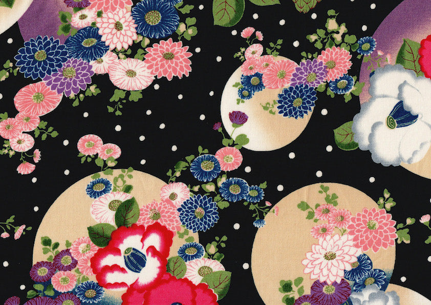 Tissu Japonais - Lunes, Chrysanthèmes et Camélias - Noir, Rose, Bleu et Violet - T466