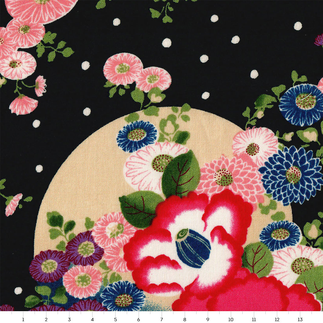 Tissu Japonais - Lunes, Chrysanthèmes et Camélias - Noir, Rose, Bleu et Violet - T466