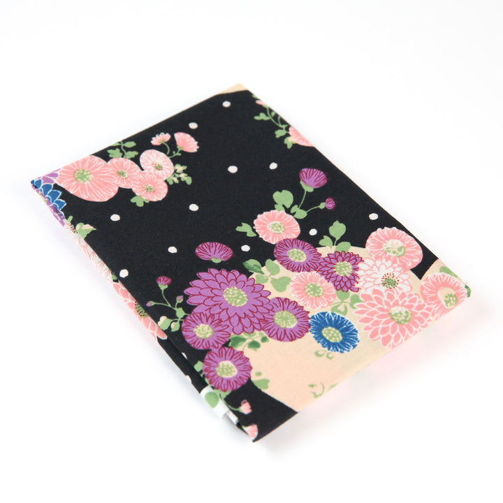 Tissu Japonais - Lunes, Chrysanthèmes et Camélias - Noir, Rose, Bleu et Violet - T466