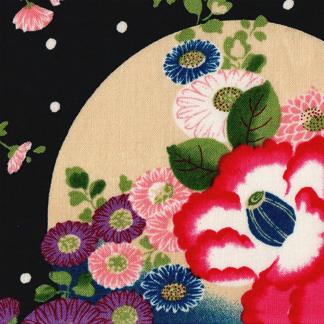 Tissu Japonais - Lunes, Chrysanthèmes et Camélias - Noir, Rose, Bleu et Violet - T466