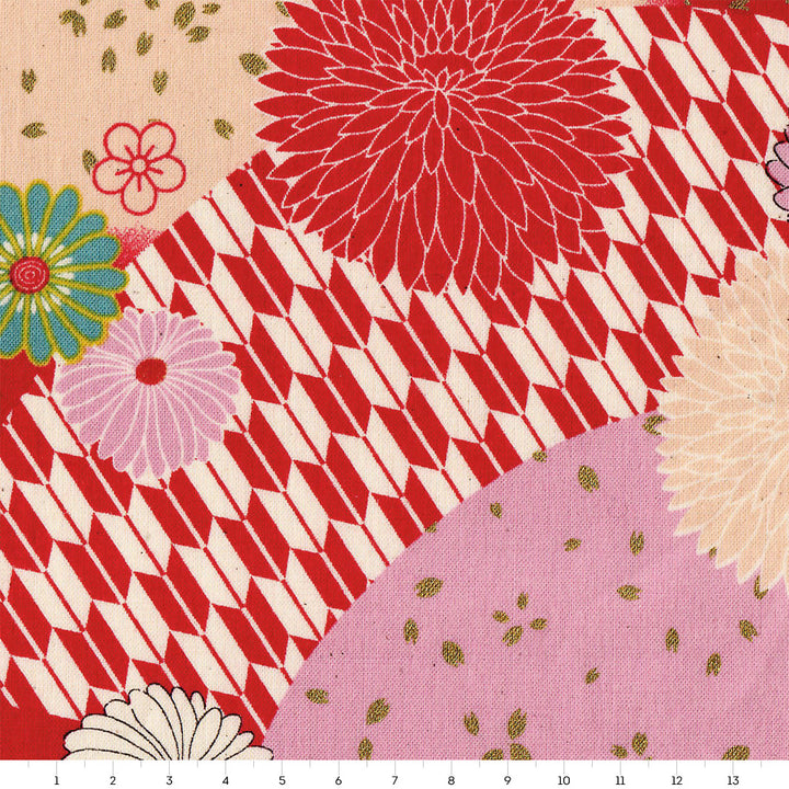 Tissu Japonais - Chrysanthèmes et Flèches - Rouge, Rose, Beige, Jaune Moutarde et Bleu - T472