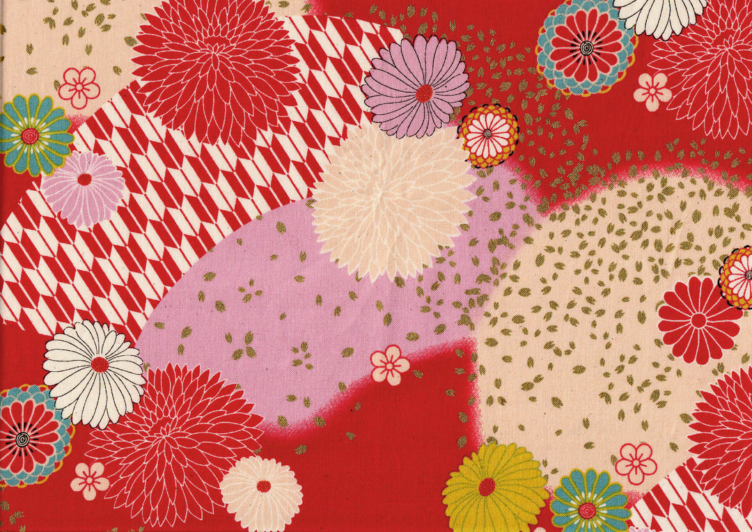 Tissu Japonais - Chrysanthèmes et Flèches - Rouge, Rose, Beige, Jaune Moutarde et Bleu - T472