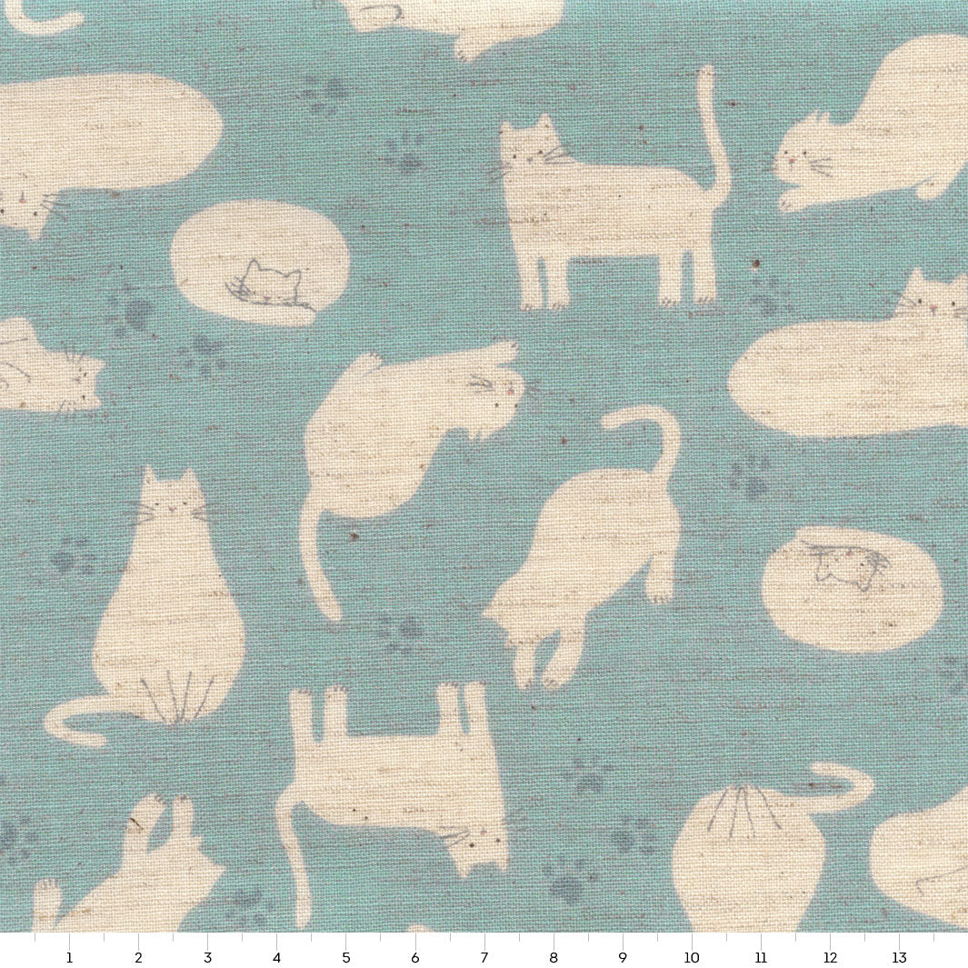 Tissu Japonais - Chats - Bleu Gris et Beige - T486
